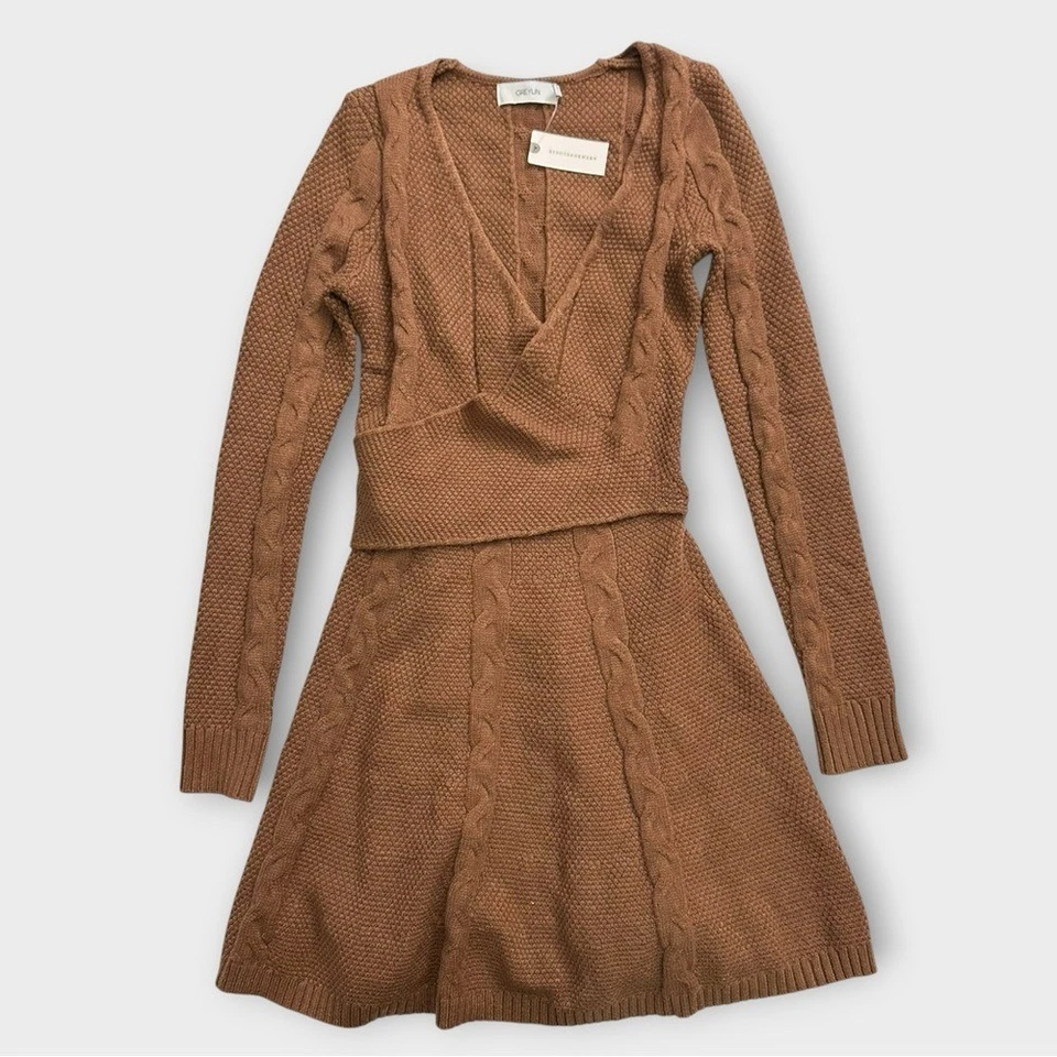 Anthropologie Greylin Wrap Sweater Mini Dress Size XXS Brown Cable Knit NWT - Image 2 of 4