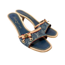 LOUIS VUITTON Vintage LV Monogram Denim Sandals 36 Blue Beige Leather