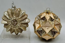 Glass Flower Checkerboard Ball Ornament Gold Silver 4" Set 2 Vintage Inspired