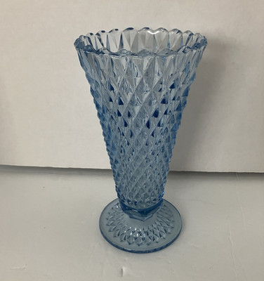 Indiana Glass Blue Pressed Glass Trumpet Vase Diamond Pattern Scalloped Rim