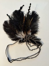 Festive Black Feather Beaded Elastic Strap Headband Handmade Costume