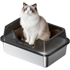 Semi-Enclosed Stainless Steel Cat Litter Box, High Sided Litter Tray Anti-Leak