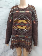 Vtg Rockin'C Southwestern Fuzzy Funky Geometric Brown Sweater Brown Fringed XL