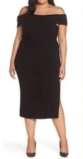 Eliza J Women Off the Shoulder MIDI Knit Dress Black Side Slit Ribbed