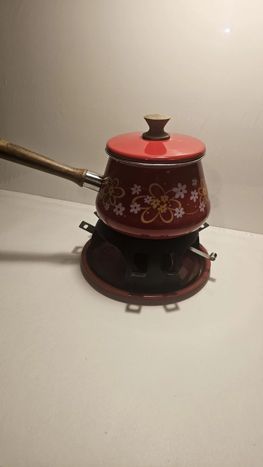 Vintage 1970s Red Floral Fondue Set