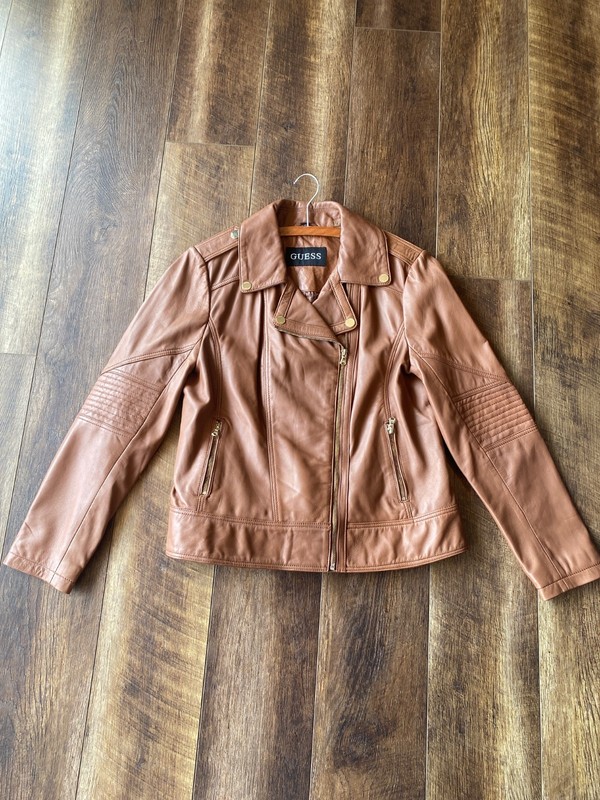 Guess 100% Genuine Leather Moto Jacket Size XL Color Cognac