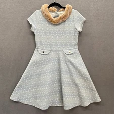 Hope Henry Faux Fur Trim Organic Cotton A Line Dress Girls 10 Blue Short Sleeve