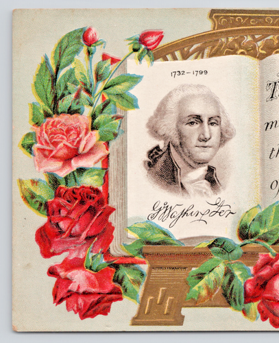 Antique Patriotic Postcard George Washington Memorial Poem Red Roses Book Easel - Picture 3 of 5