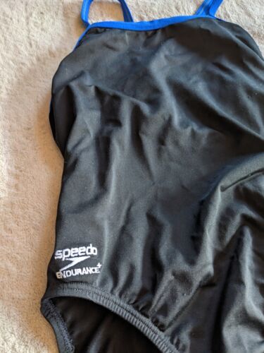 SPEEDO Endurance Plus One Piece Womens 4 / 30 Solid Black w/ Blue Trim Swimsuit - Picture 2 of 4