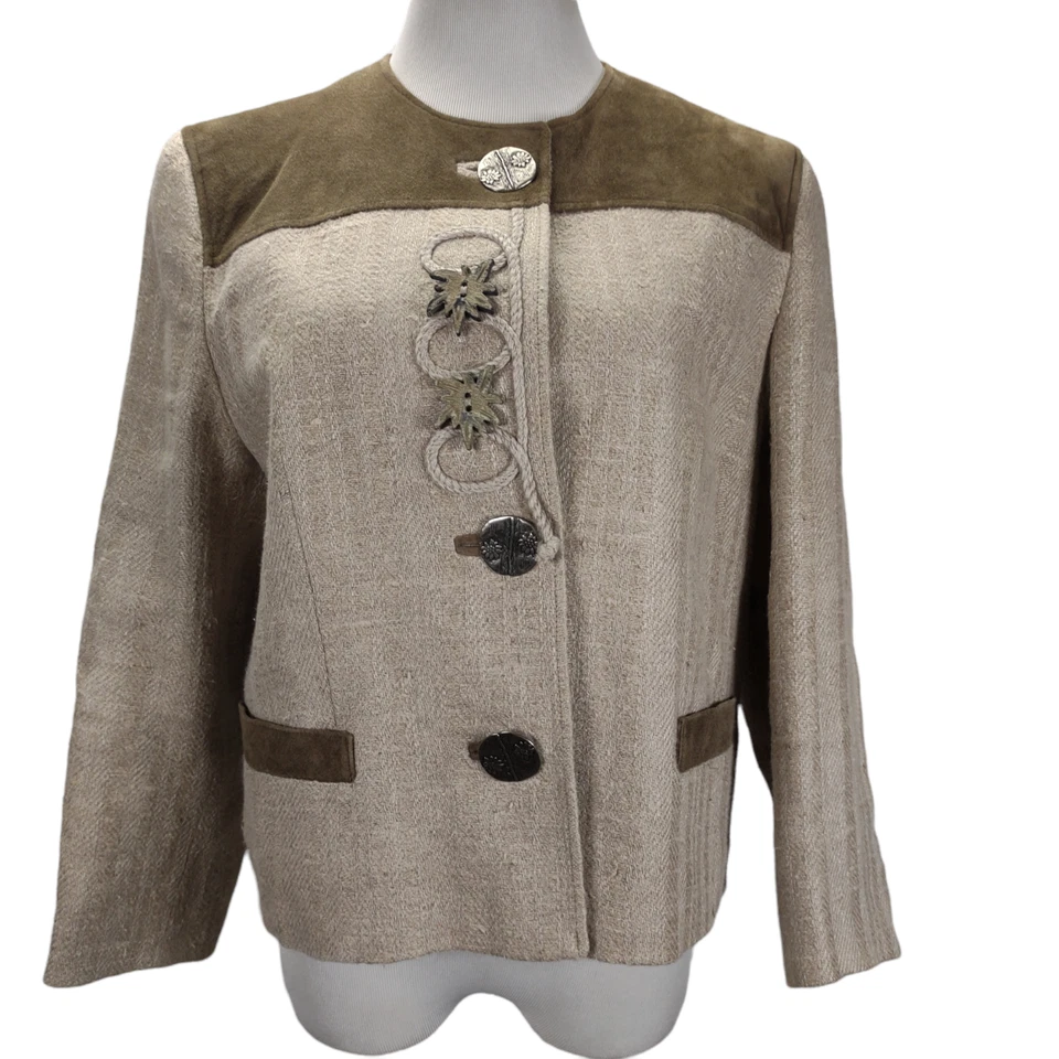 Blazer Mode aus Salzburg H Moser Talla L 36 Beige Lino Boxy Chaqueta Gamuza Borde