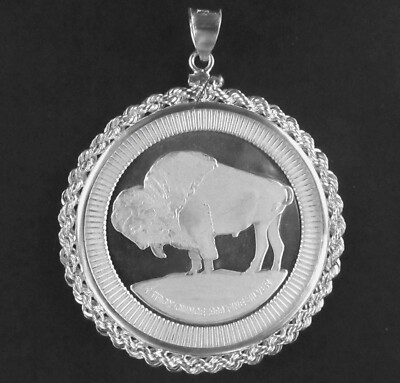 Münzanhänger 1 oz .999 Silber Büffel rund .925 Sterling Silber Seil Einfassung NEU