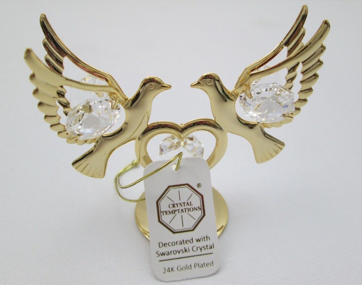 24K Gold Plated Two Doves & Heart with Swarovski Crystals Figurine