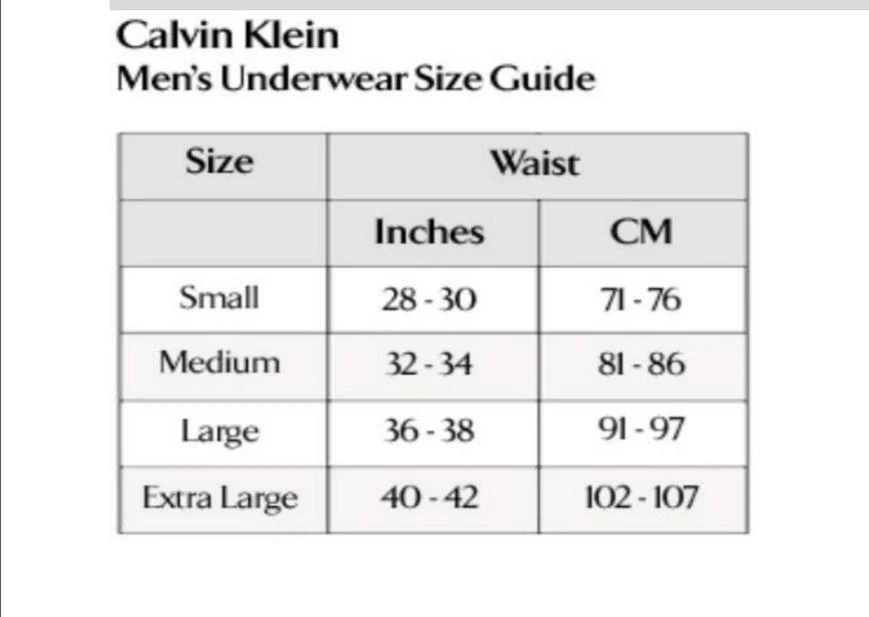 Calvin klein men clearance underwear size chart