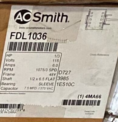 NEW NO BOX A.O. SMITH FDL1036 1/3 HP, Direct Drive Blower Stock Motor, 115 V