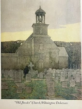 1923 J. GUERIN OLD SWEDES CHURCH WILMINGTON - Antique PAINTING PRINT 27x35cm LHJ