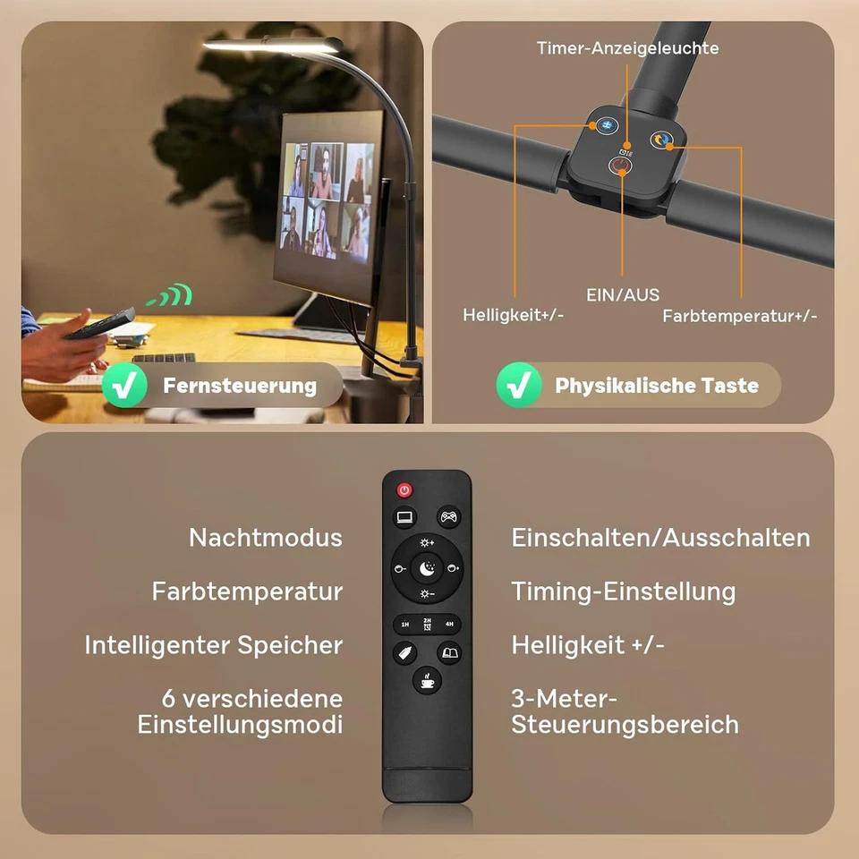 Doppelkopf Schreibtischlampe LED Dimmbar 24W 100 Beleuchtungsmodi Klemmbar Tages - Bild 4 von 4