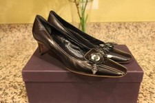 PRADA  Anem Sport Black Leather Floral Buckle Loafer Heels Size 39/9  (SH1000