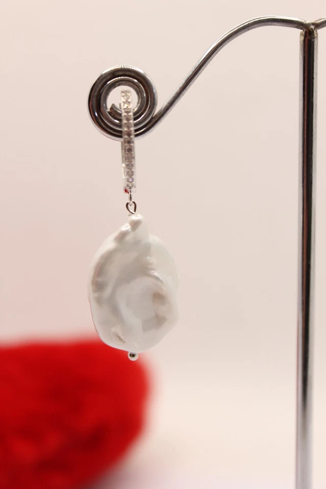 ORECCHINI ARGENTO PERLE BAROCCHE COLTIVATE ZIRCONI BIANCHI PENDENTI EXPLOIT - Immagine 3 di 4