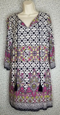 ENTRO 3/4-Sleeve Split V-Neck Flowy Tunic Dress - Bold Print - Women's M |  eBay