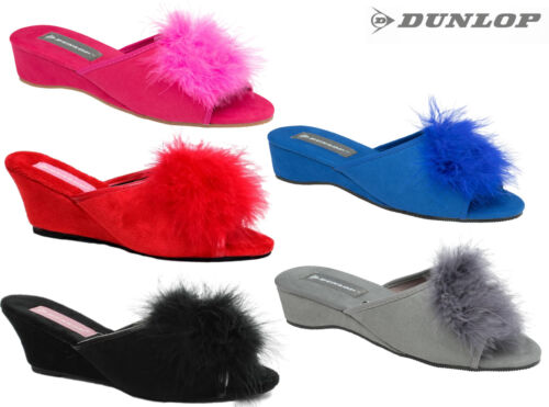 Ladies Womens Wedge Slippers Dunlop Feather Pom Pom Faux Suede Mules Heel Shoes - Afbeelding 1 van 18