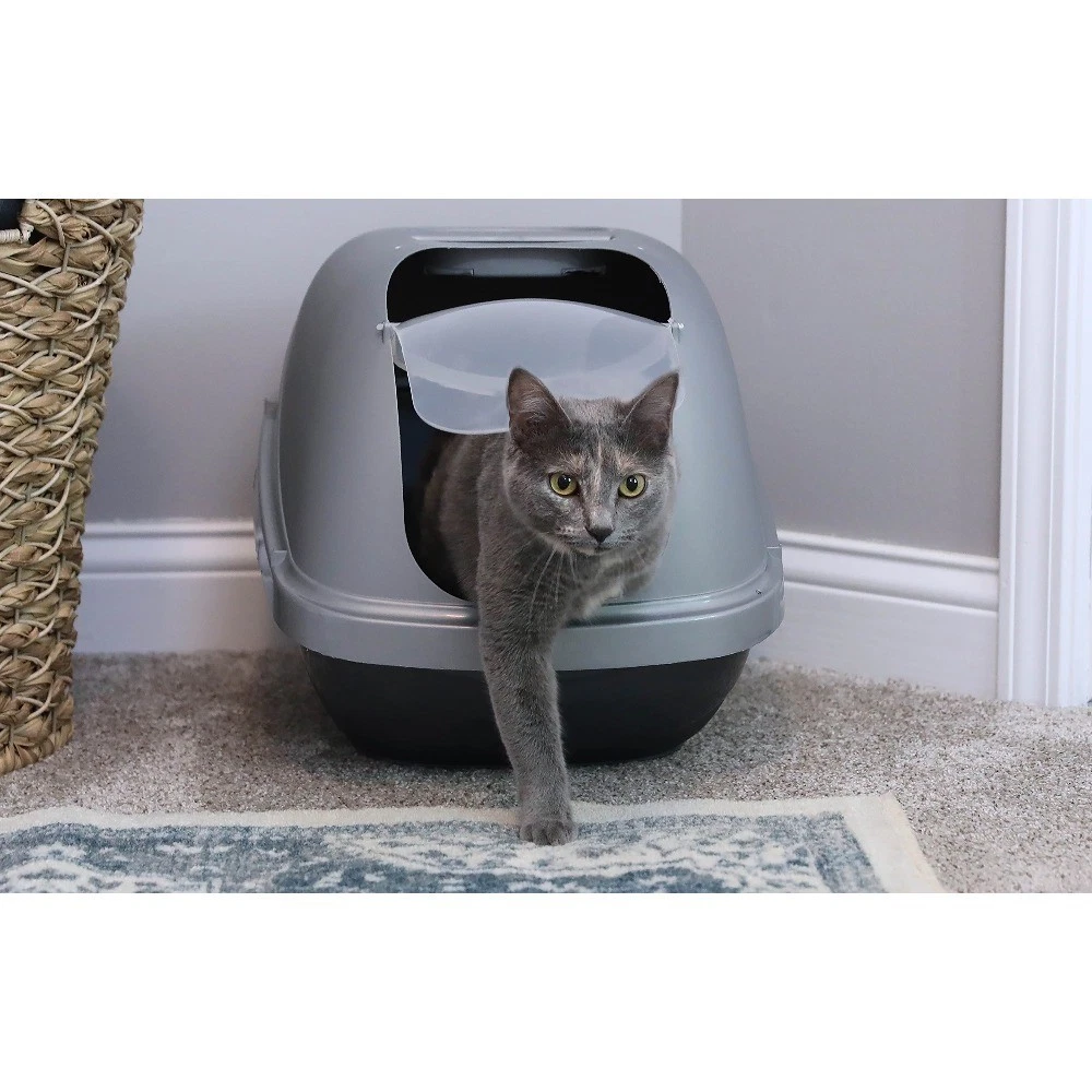 Large Hooded Enclosed Cat Litter Box with Door, Blue Silver, Plastic Covered - thumbnail 4