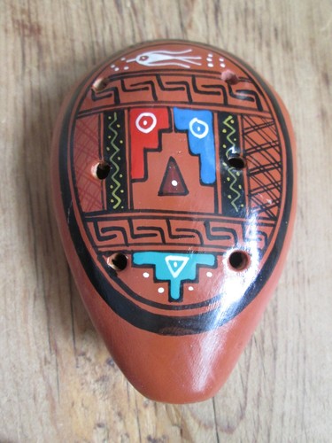 PERUVIAN OCARINA Geometric Painted Terra Cotta Clay FLUTE INSTRUMENT Hand Made