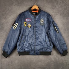 Diesel Patch Bomber Jacket Boys Large 14 16 Navy Blue Quilt Lined Snap Up