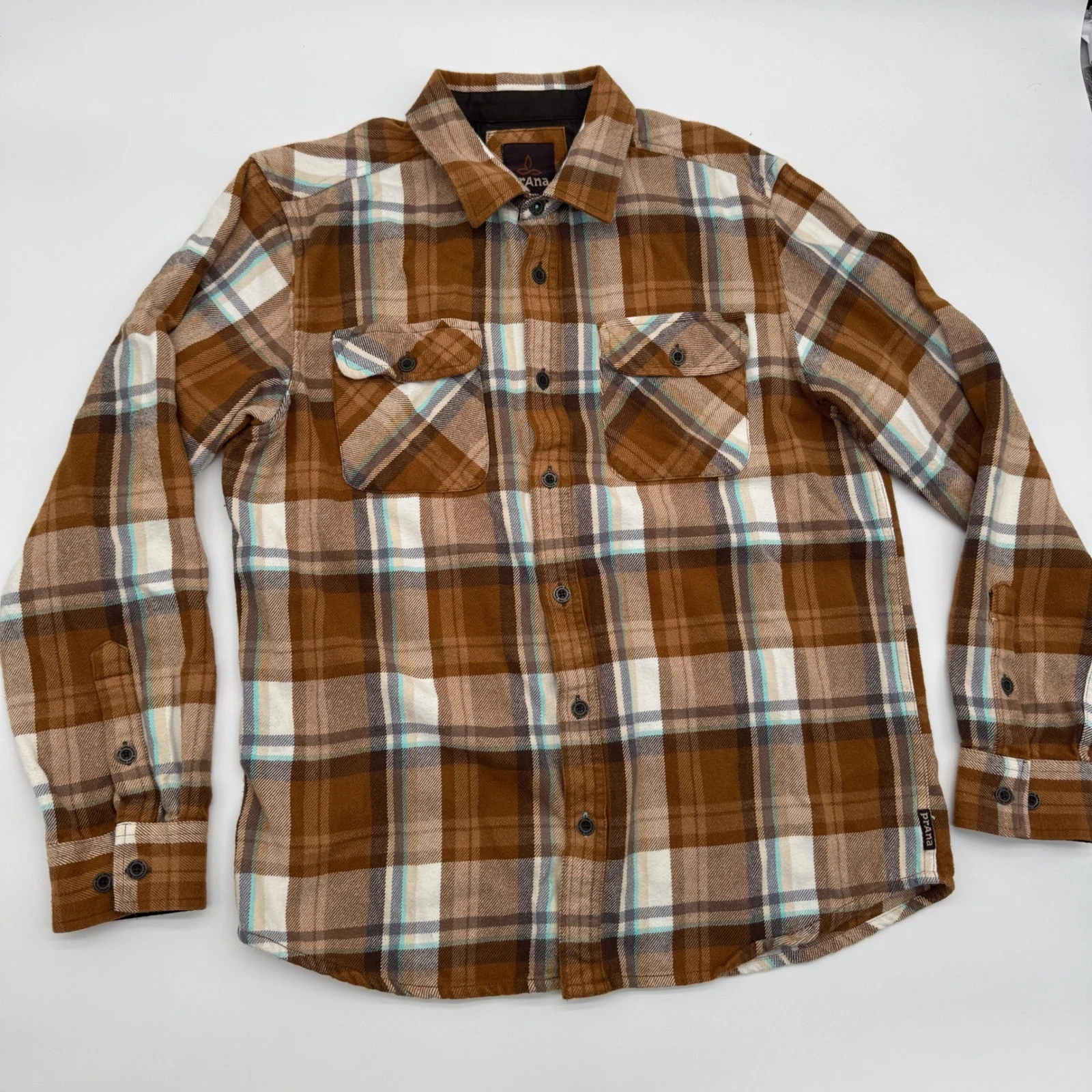Prana Men Flannel Shirt Brown Plaid Long Sleeve Button Up Organic Cotton Medium