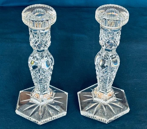 Vintage Pair Waterford Hardwick 8.5" Cut Clear Crystal Candle ssticks Holder