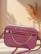 Michael Kors Jet Set Women Large Metallic Signature Logo Crossbody Bag Cherry