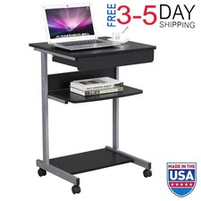 Rolling Computer Desk 2 Storage Shelves Drawer Corrosion Resistant Safety Black