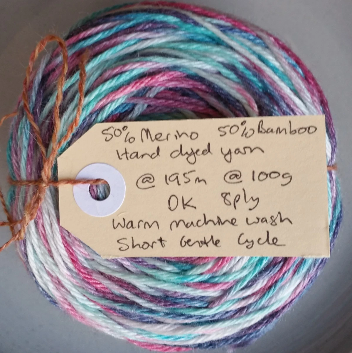 Hand Dyed 8ply Yarn, 100g 195m Variegated Red Blue Purple White Merino Bamboo