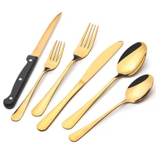 48-Pack Gold Silverware Set with Steak Knives, Stainless Steel Tableware Cutl...