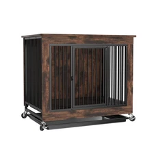 Wooden Dog Crate - Kennel Furniture End Table w/ Double Doors & Pull Out Tray