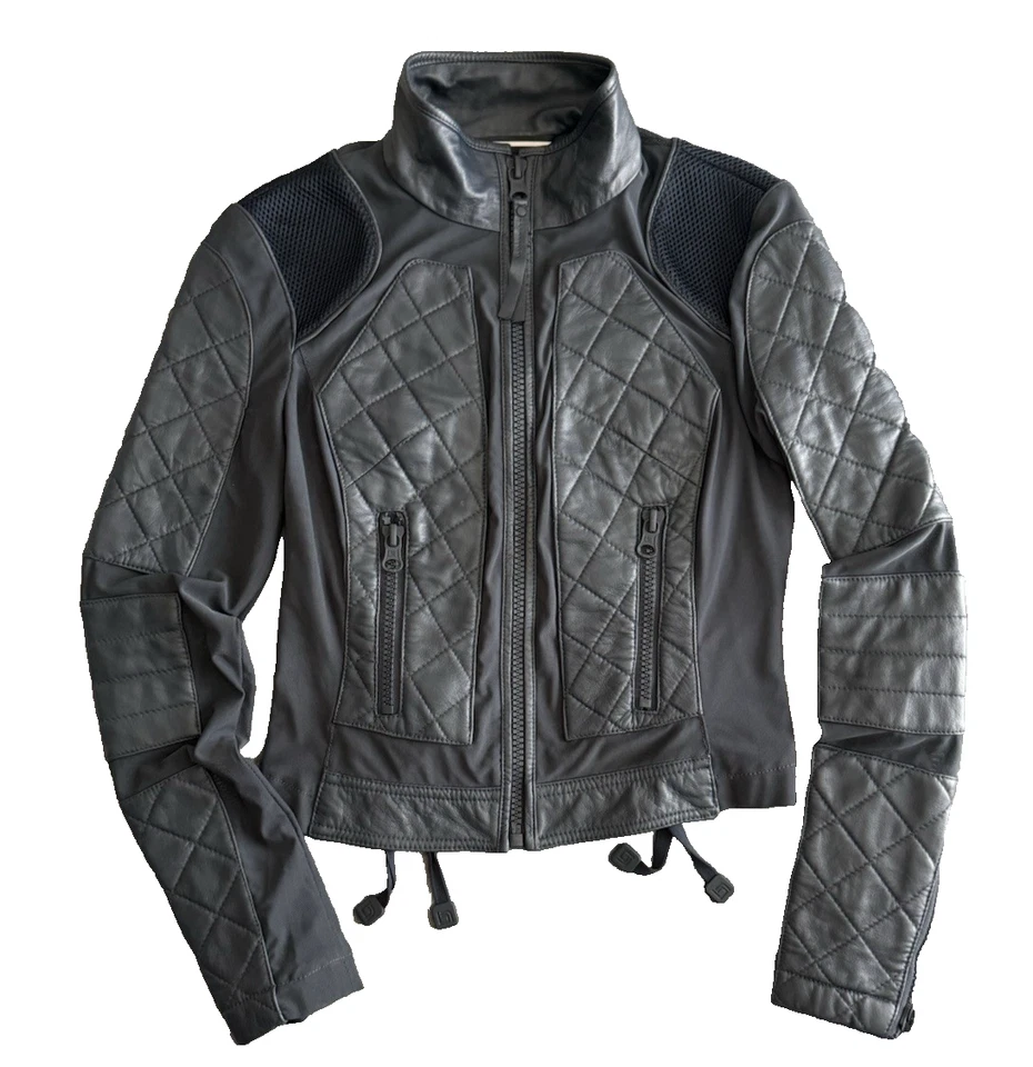 Blanc Noir Mesh Moto Leather Jacket Sz S Blue Diamond Quilted Lace-Up Back Chic - Image 2 of 4