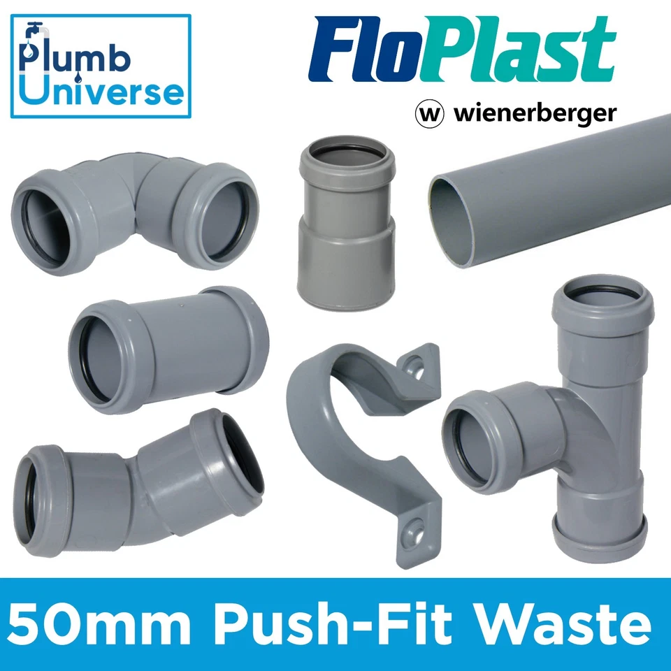 50 mm Steck-Ablaufrohr, Bogen / Bogen, T-Stück, Reduzierstück, 45, Clip - FLOPLAST