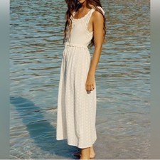 Zara Crochet Eyelet Midi Dress Cream XS Beachy Boho Cottagecore Vacay Hippie