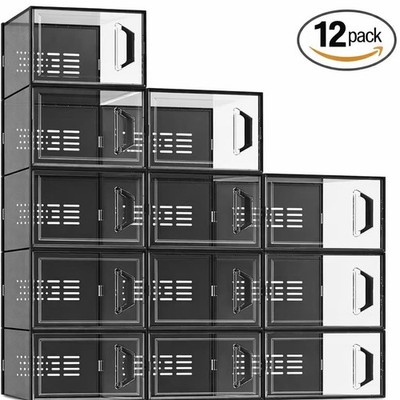 12/24 Pack XL Clear Drop Side Shoe Boxes Stackable Sneaker Storage Display Case