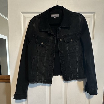 Just USA Women's Black Jean Jacket M Button Front Collared Pockets Raw Hem