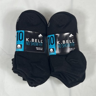 20 Pairs K Bell Women's No-Show Socks, Black, Shoe Size 5.5-10, NEW