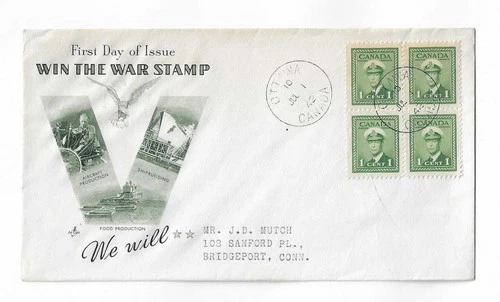 Canada 1942 1c war issue block of 4 on FDC with a better patriotic cachet