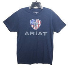 Ariat Men's Blue Gray Small American Flag Navy T-Shirt Big Logo Short Sleeve