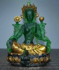 Estatua de diosa Tara Kwan-yin verde sentado dorado esmalte verde loto marcado Qianlong de 5"