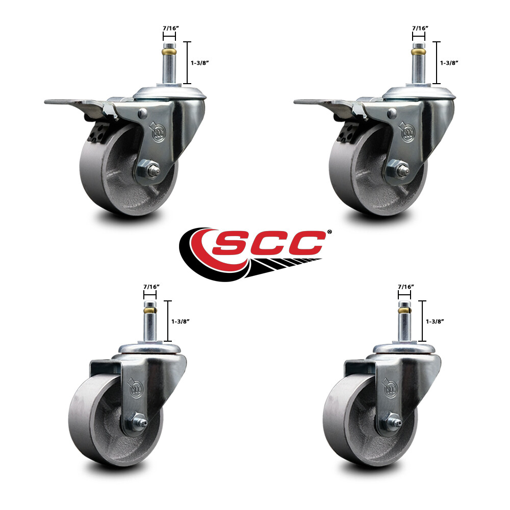 Semi Steel Swvl Grip Ring Caster Set 4 3" Wheel&7/16" Stems2 w/TTL