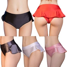 Women Silky Glossy Panties Shiny Oil Stretch Briefs Ruffled Sexy Swimwear Thongs