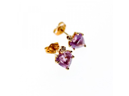 14K YELLOW GOLD AMETHYST & DIAMONDS "HEARTS" STUD EARRINGS - 第 1/5 張圖片