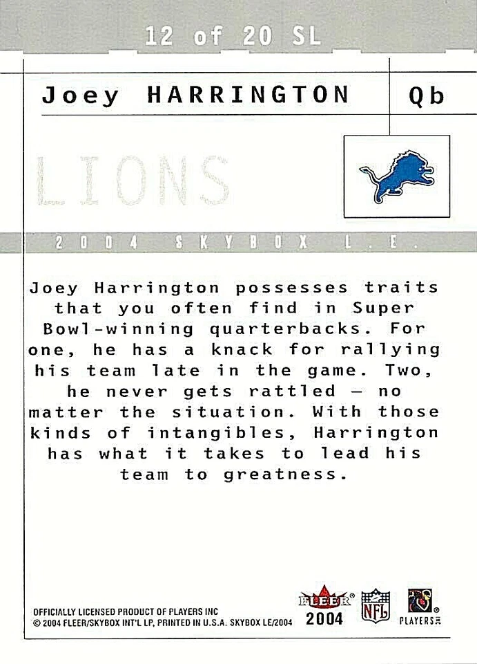 2004 Skybox Limited Edition Sky's The Limit #12 Joey Harrington LIONS - Image 2 of 2