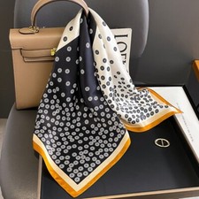 100 Mulberry Silk 27" Square Scarf Women Neckerchief Wrap Blakc White Polka Dot