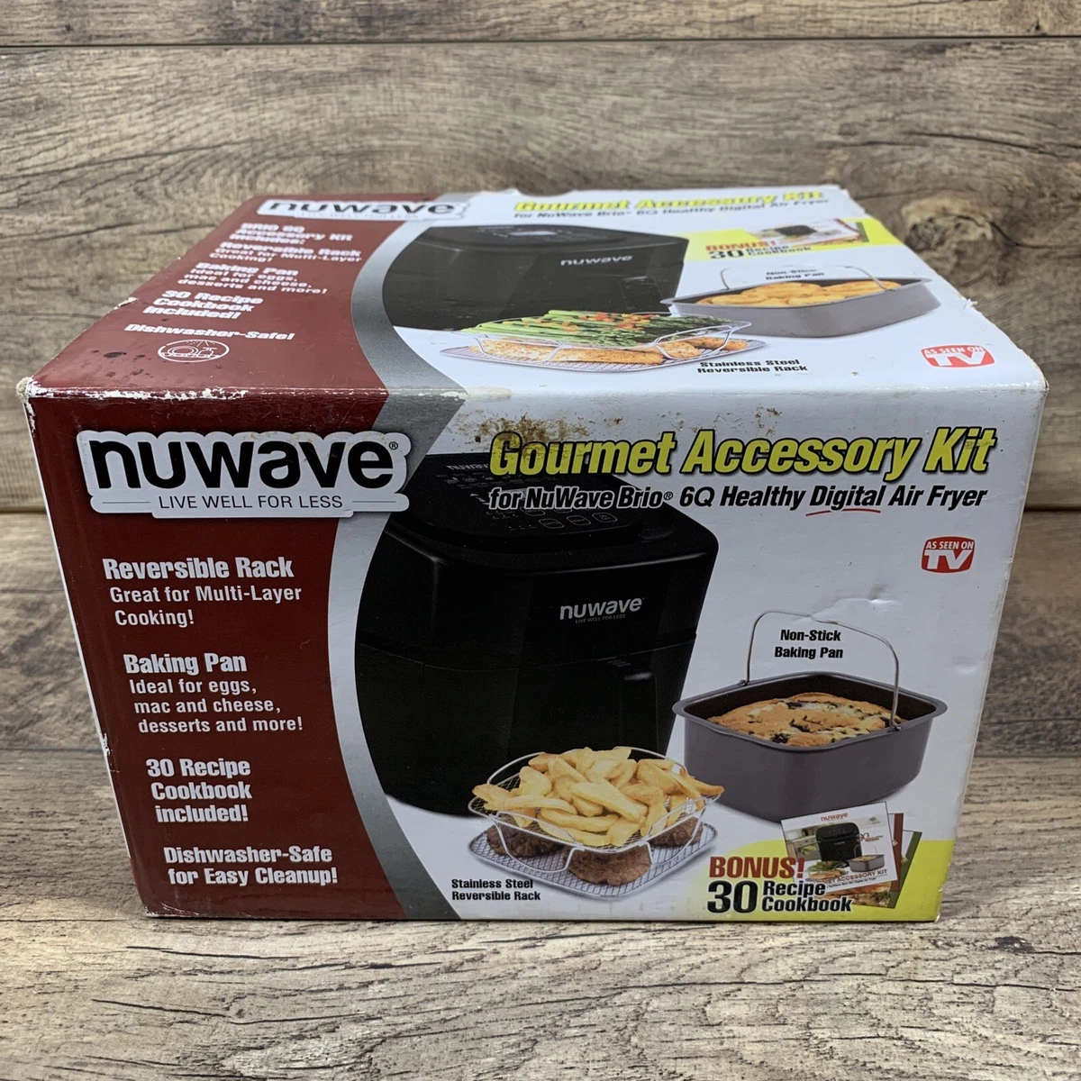 NUWAVE Brio 6 QT Air Fryer Gourmet Accessory Kit Reversible Rack Baking Pan  Open