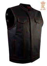 Men's Black Leather Club Motorcycle Vest USA Flag Inner Red Stitching Bike Vest